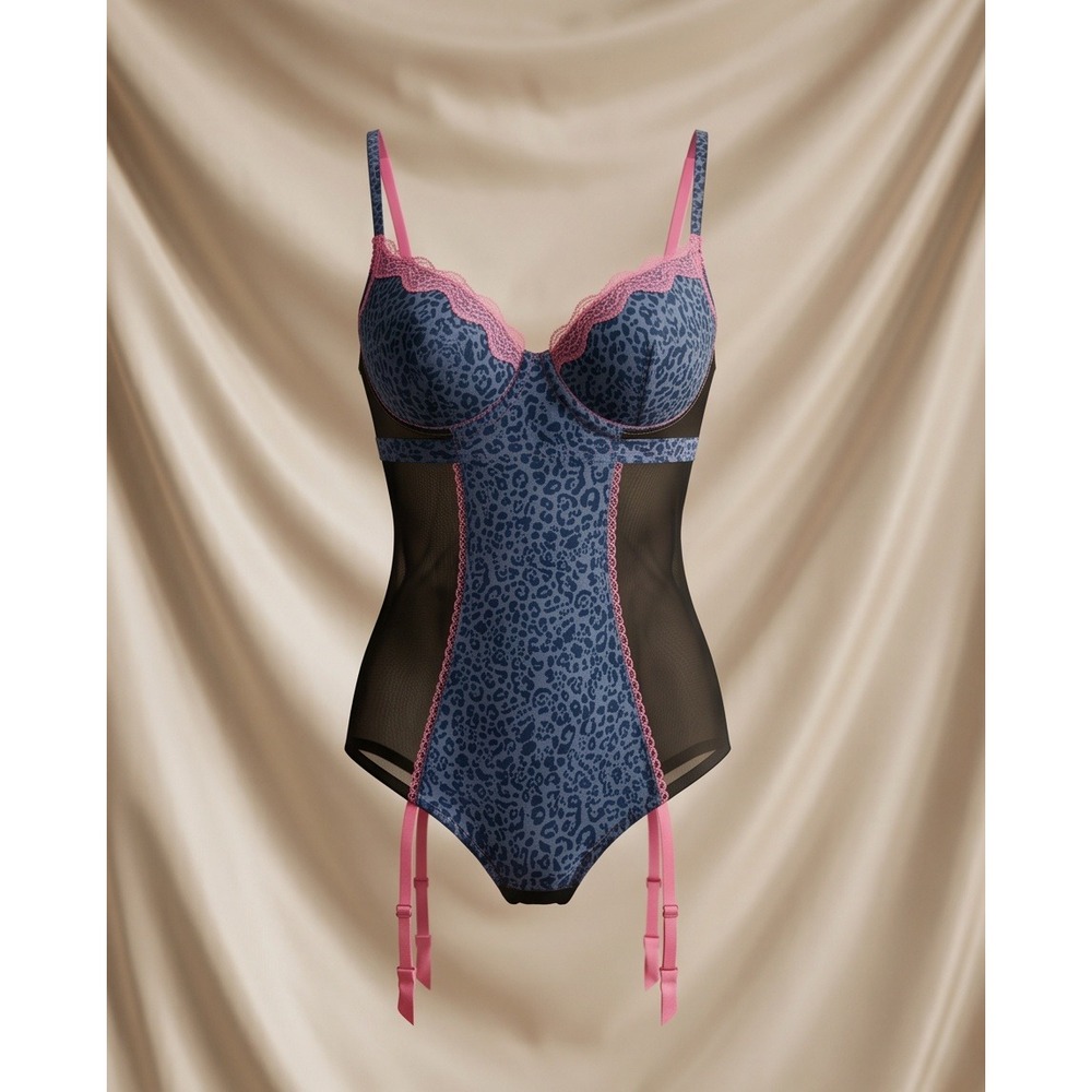 Native Intimates 38C Y2K Blue Gray Leopard Print Lace Trim Garter Lingerie NWT